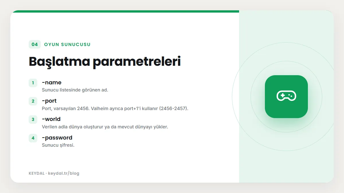 Başlatma parametreleri: -name, -port, -world, -password