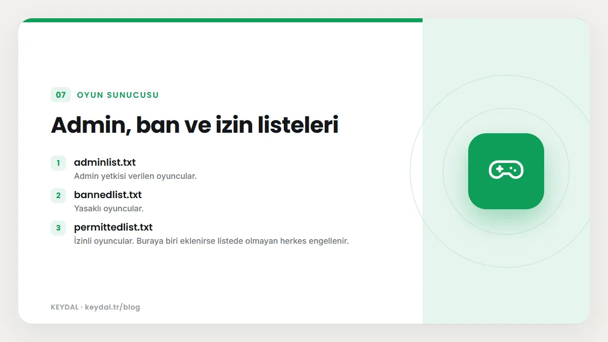 Admin, ban ve izin listeleri: adminlist.txt, bannedlist.txt, permittedlist.txt