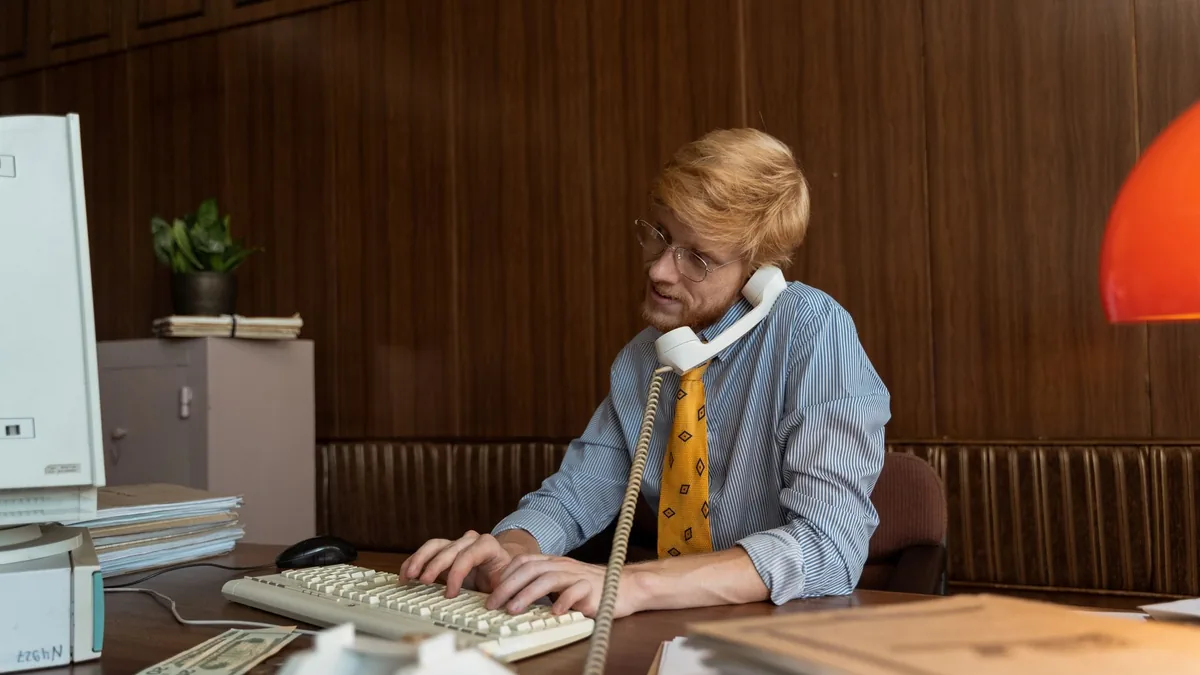Vintage scene of a businessman on a corded phone at a re