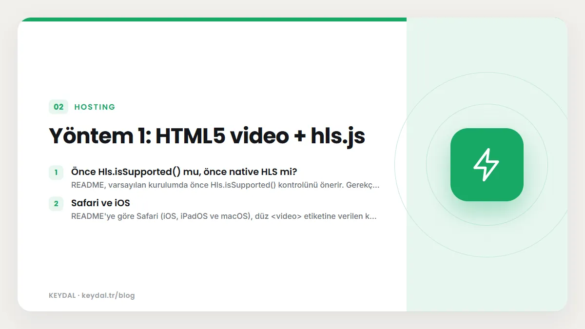 Yöntem 1: HTML5 video + hls.js: Önce Hls.isSupported() mu, önce native HLS mi?, Safari ve iOS