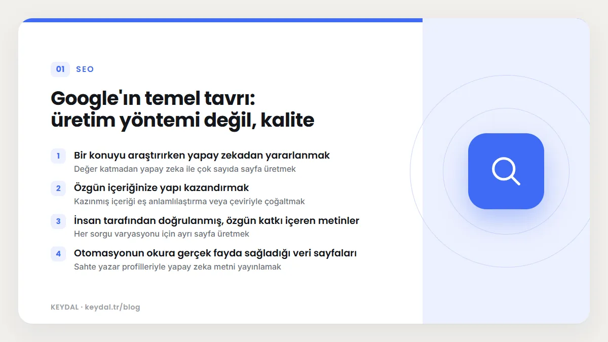 Google'ın temel tavrı: üretim yöntemi değil, kalite: Bir konuyu araştırırken yapay zekadan yararlanmak, Özgün içeriğinize yapı kazandırmak, İnsan tarafından doğrulanmış, özgün...