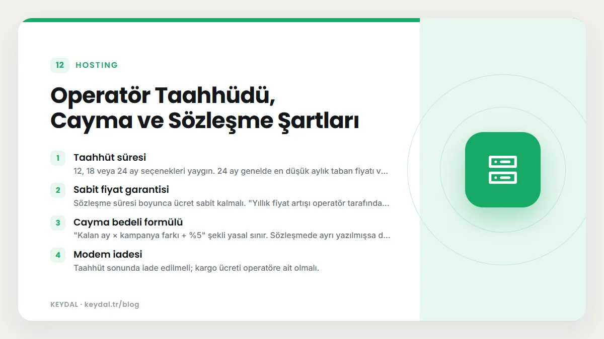 Operatör Taahhüdü, Cayma ve Sözleşme Şartları: Taahhüt süresi, Sabit fiyat garantisi, Cayma bedeli formülü, Modem iadesi