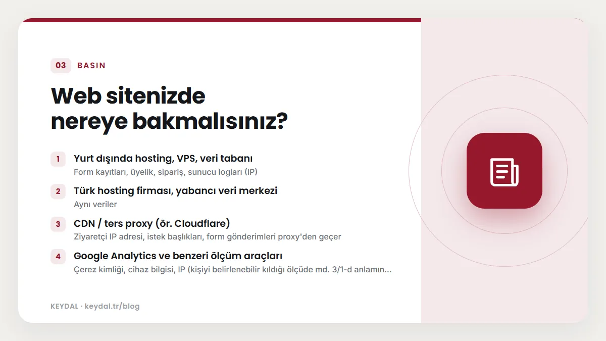 Web sitenizde nereye bakmalısınız? Yurt dışında hosting, VPS, veri tabanı, Türk hosting firması, yabancı veri merkezi, CDN / ters proxy (ör. Cloudflare), Google Analytics ve...