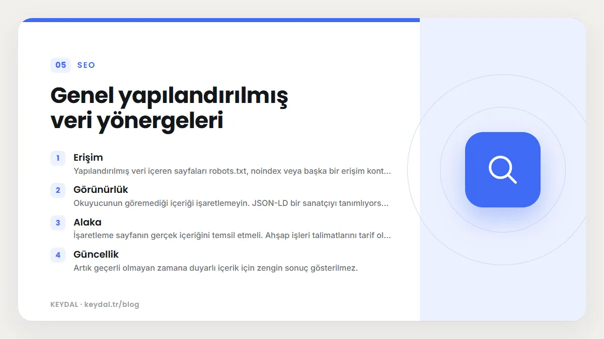 Genel yapılandırılmış veri yönergeleri: Erişim, Görünürlük, Alaka, Güncellik